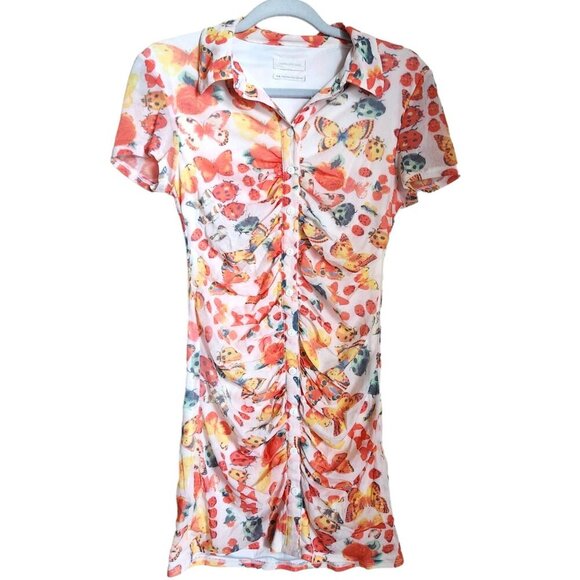Urban Outfitters Y2K Riko Mesh Orange Butterfly Mini Dress Size M Ruched Button - Picture 2 of 14